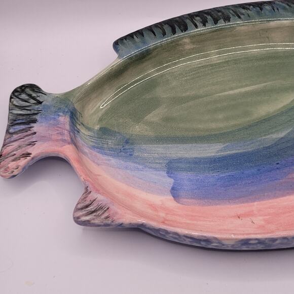 Studio Art Pottery Fish Shaped Dish Rainbow Glaze - Picture 3 of 15